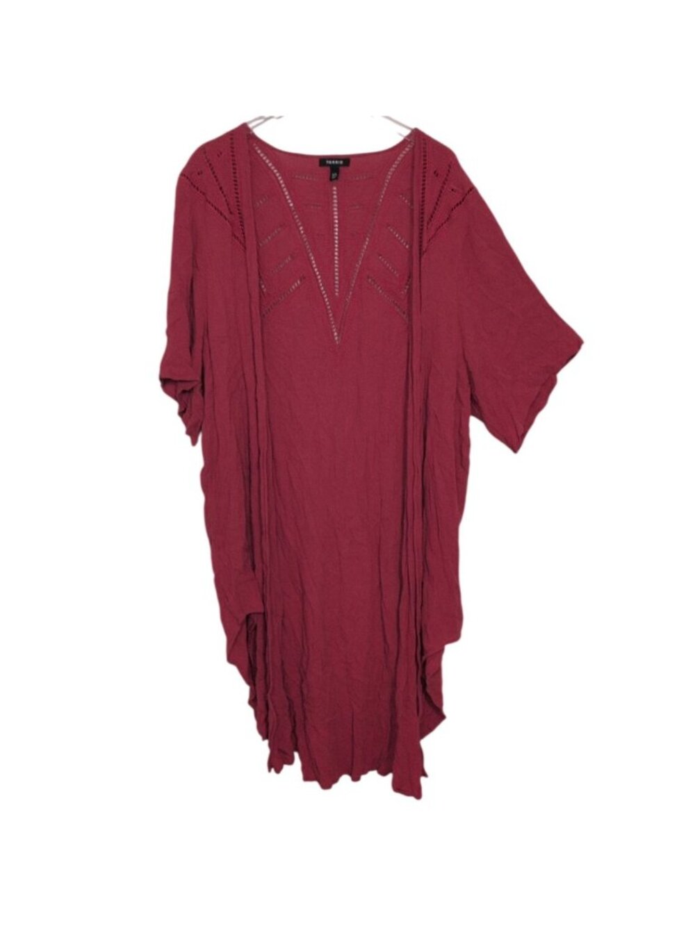 Torrid Crinkled Gauze Cardigan Womens Plus Size 3/4X Red Crochet Insert Kimono